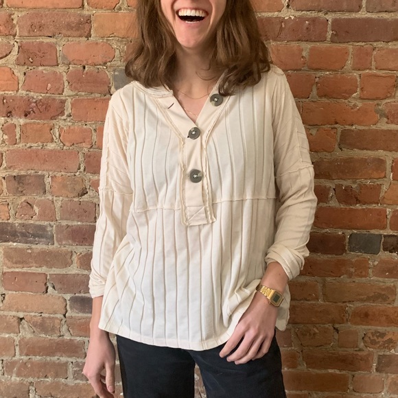 Free People Tops - Cream Ribbed Long-sleeve Tee